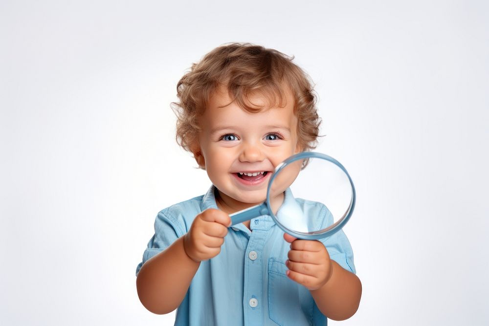 Man in blue T-shirt holding magnifying glass portrait smile photo. AI generated Image by rawpixel.