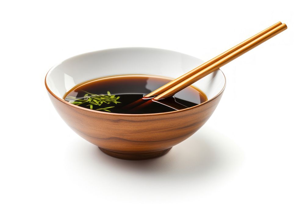 Bowl of black tasty soy sauce and chopsticks bowl food white background. AI generated Image by rawpixel.