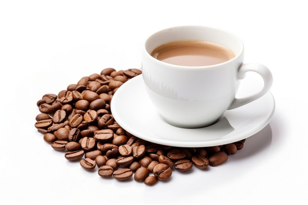 Coffee cup and coffee beans drink mug white background. 