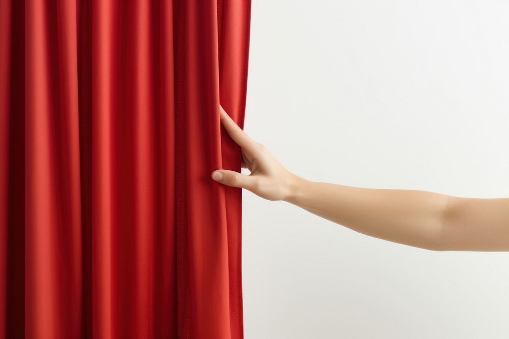 Hand opening red curtain adult white background gesturing. 