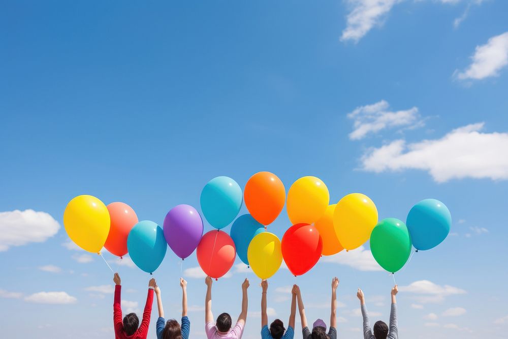 Rainbow balloon people togetherness celebration. AI generated Image by rawpixel.