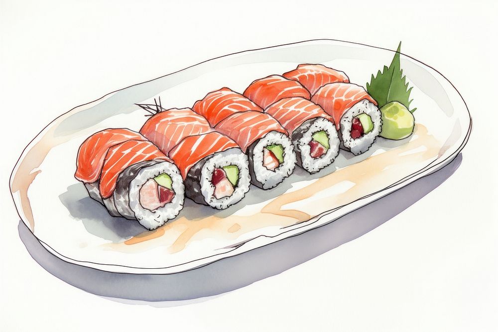Sushi sketch plate food. AI generated Image by rawpixel.