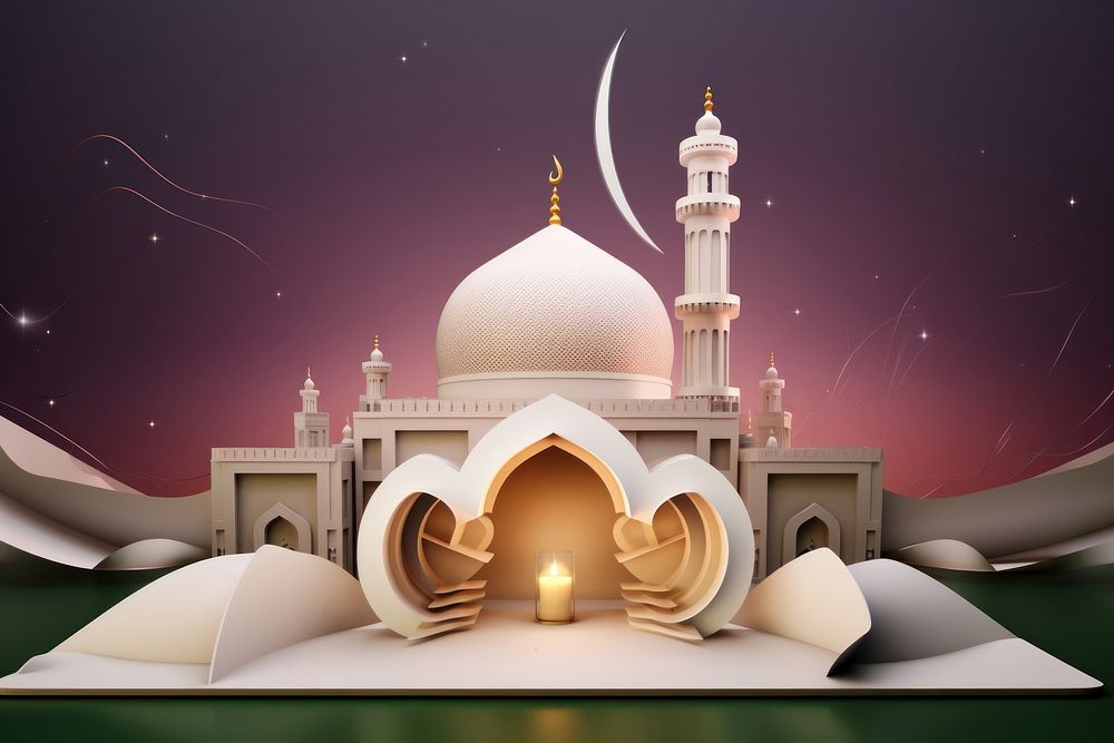 Eidkom Mubarak Cover illustrator vector architecture building mosque. AI generated Image by rawpixel.