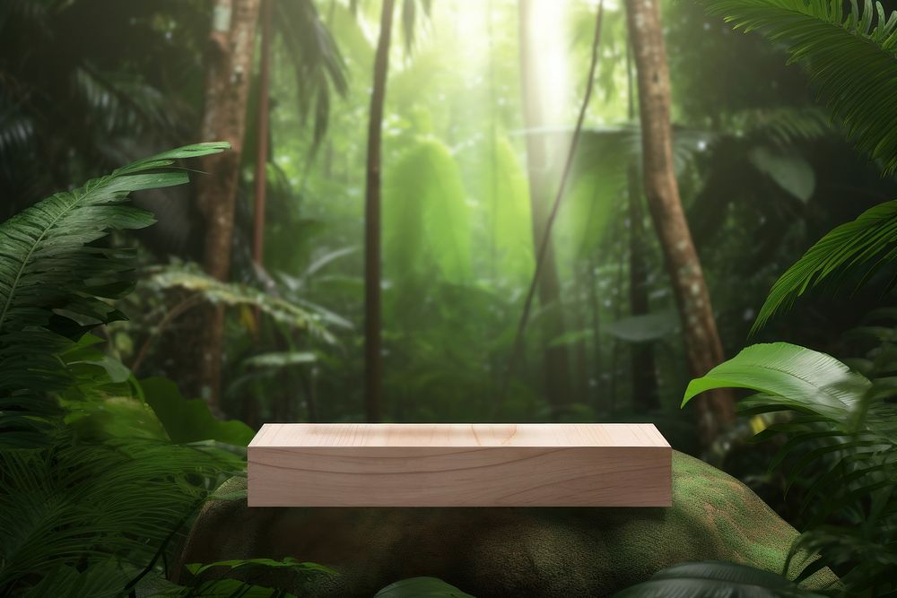 Product presentation with a wooden podium forest outdoors woodland. AI generated Image by rawpixel.