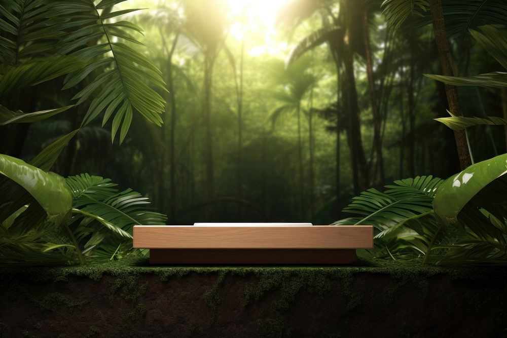 Product presentation with a wooden podium forest outdoors nature. AI generated Image by rawpixel.
