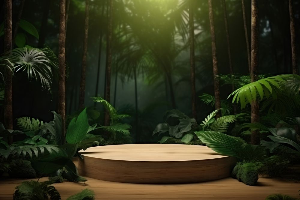 Product presentation with a wooden podium forest bathtub nature. AI generated Image by rawpixel.
