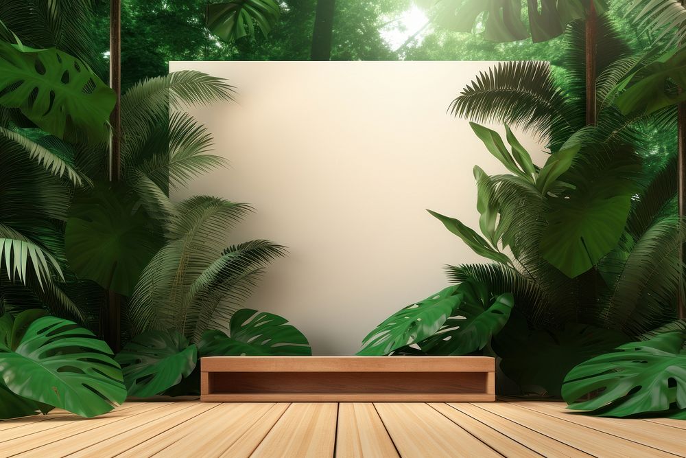 Product presentation with a wooden podium outdoors tropics nature. 