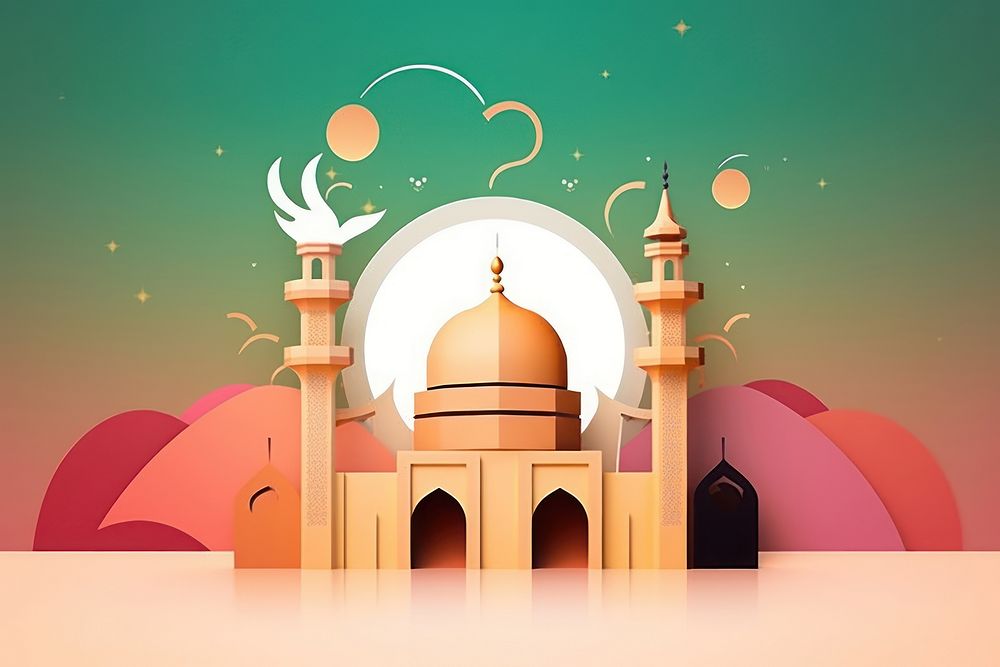 Eidkom Mubarak Cover illustrator vector architecture building mosque. AI generated Image by rawpixel.