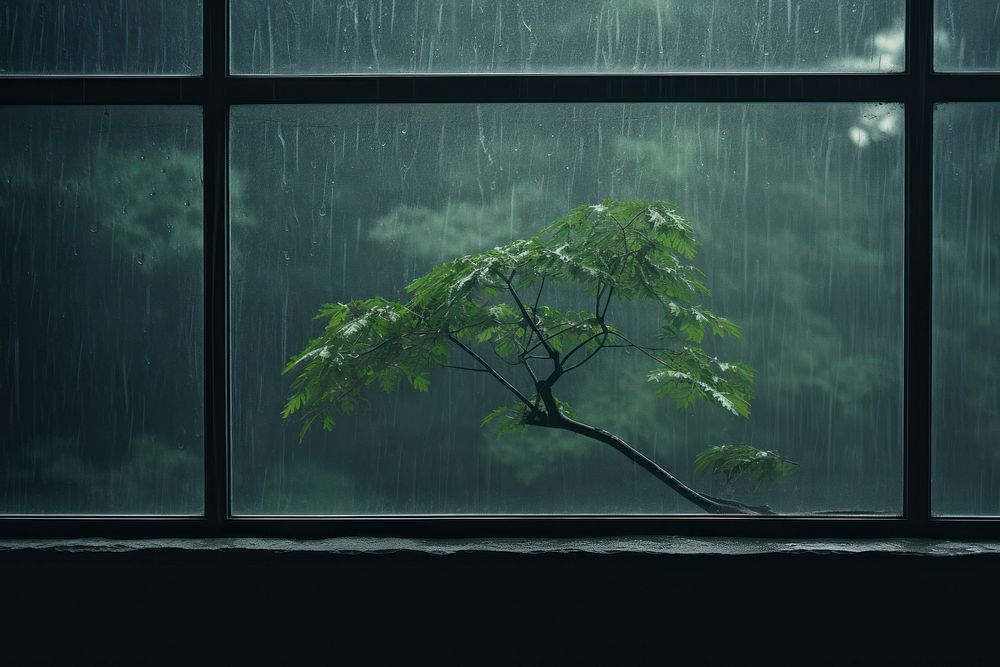 A tree through a rain covered window plant wall architecture. AI generated Image by rawpixel.
