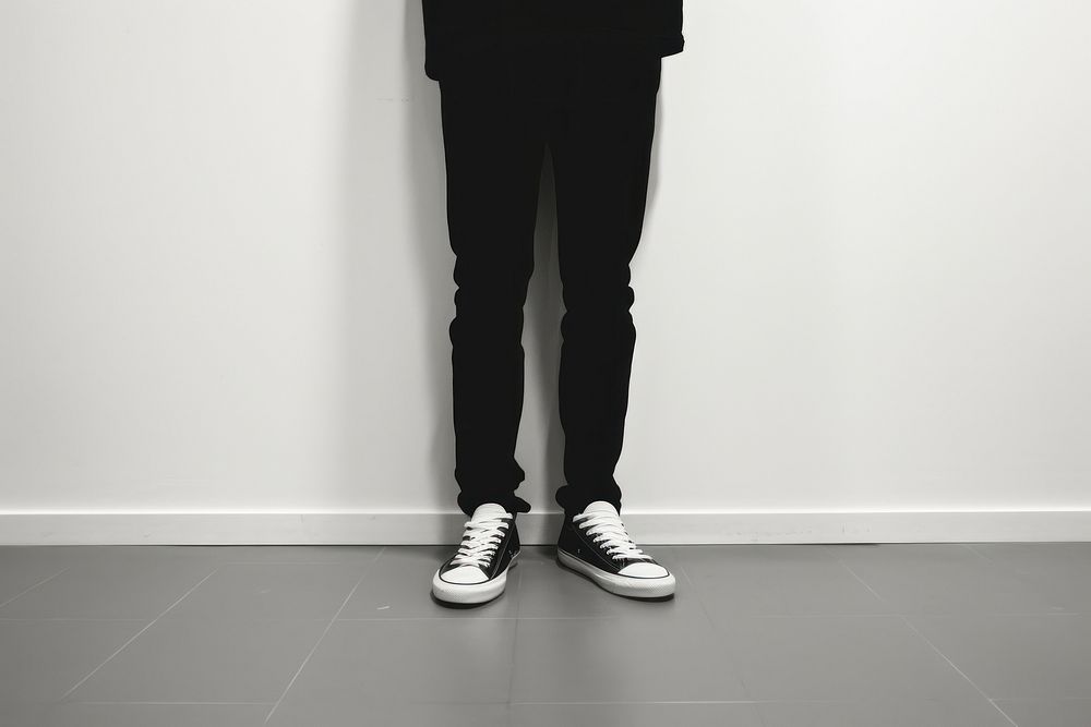 Person in black pants and black and white sneakers footwear shoe wall. AI generated Image by rawpixel.