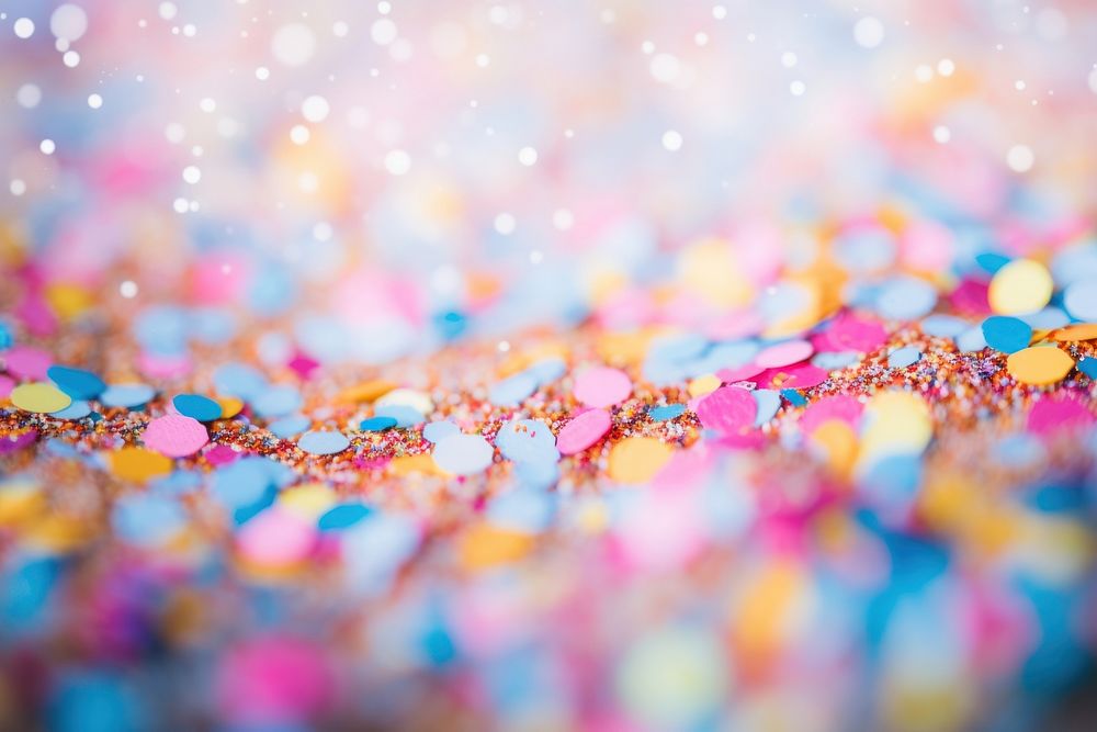 Selective focus photography of multicolored confetti lot glitter paper illuminated. AI generated Image by rawpixel.