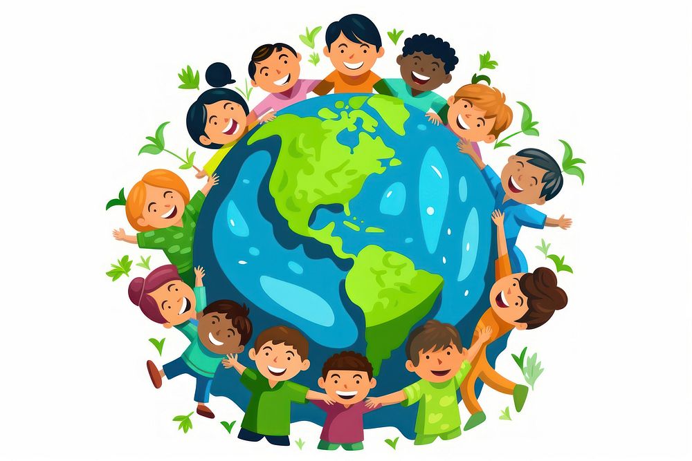 People hugging earth cartoon planet globe. AI generated Image by rawpixel.