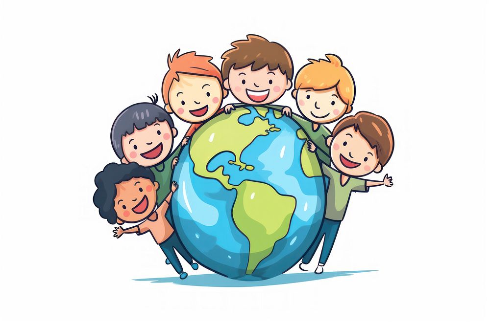 People hugging earth cartoon planet globe. AI generated Image by rawpixel.