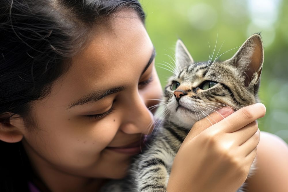 Hispanic young woman playing with a kitty photography portrait animal. AI generated Image by rawpixel.
