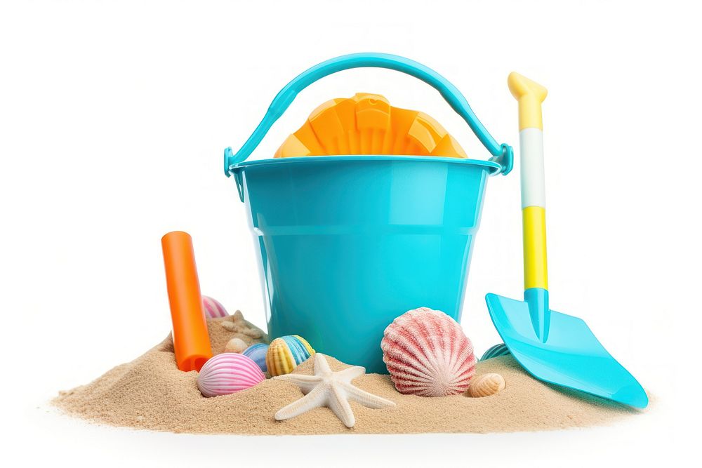 Toy Bucket and Shovel with Sand bucket seashell shovel. AI generated Image by rawpixel.