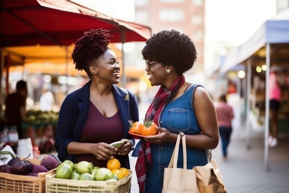 Two black mature women shopping together at an outdoor food market outdoors travel adult. AI generated Image by rawpixel.