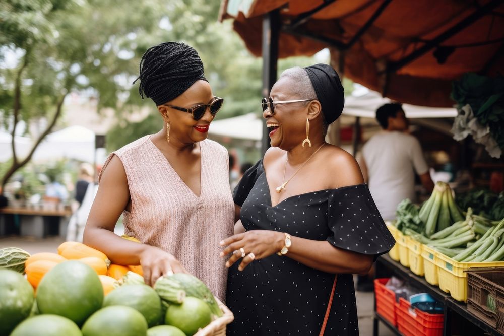 Two black mature women shopping together at an outdoor food market outdoors travel adult. AI generated Image by rawpixel.