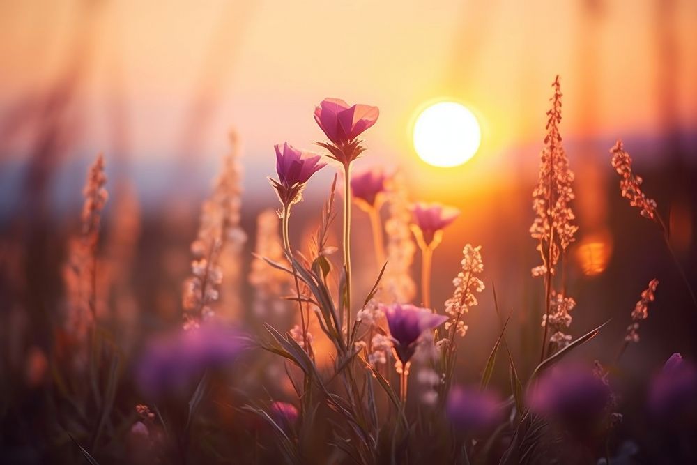 Wild flowers against sunset landscape sunlight outdoors. AI generated Image by rawpixel.