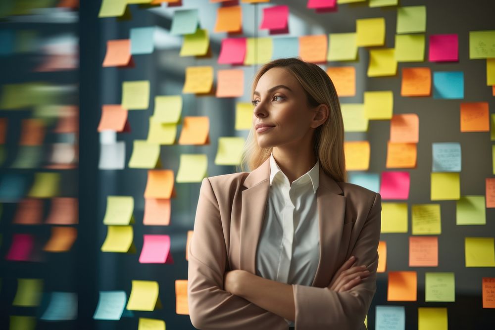Young businesswoman planning success holding adhesive note adult contemplation creativity. AI generated Image by rawpixel.