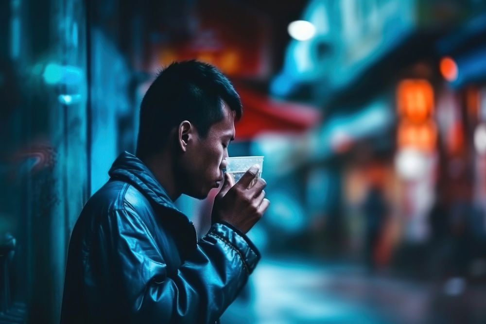 Young handsome East Asian man enjoying local street food adult drink cup. AI generated Image by rawpixel.