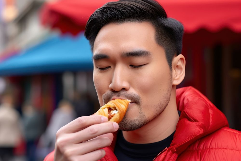 Young handsome Japanese man enjoying local street food biting eating adult. AI generated Image by rawpixel.