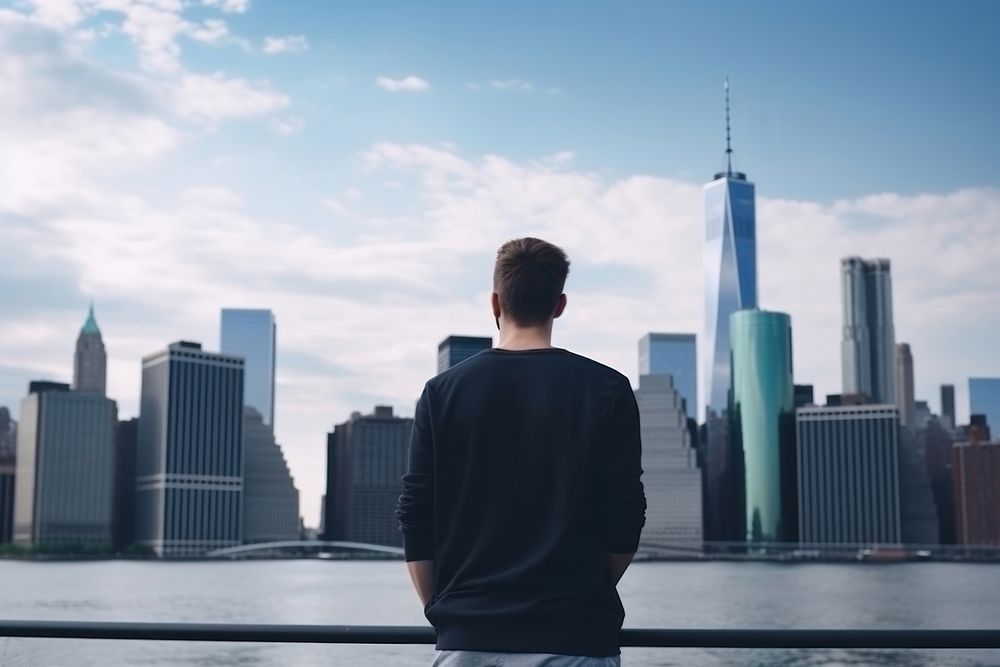 Young man looking out at Manhattan skyline architecture cityscape building. AI generated Image by rawpixel.