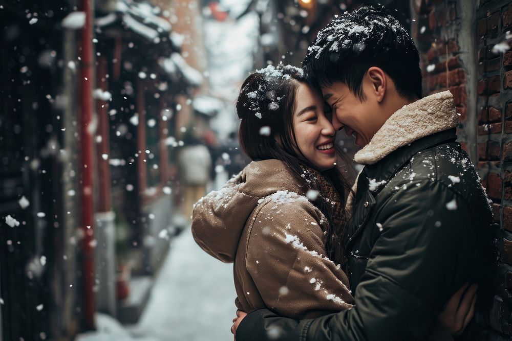 Happy korean couple snow outdoors adult. AI generated Image by rawpixel.