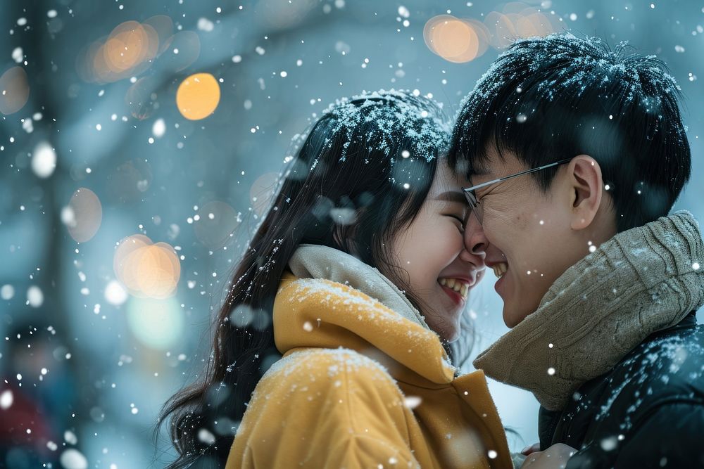 Happy taiwanese couple snow portrait kissing. AI generated Image by rawpixel.