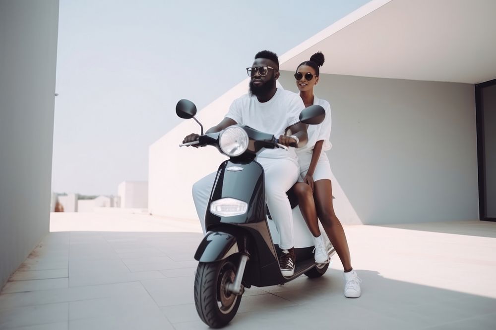 A hip black young couple on a scooter motorcycle vehicle travel. AI generated Image by rawpixel.