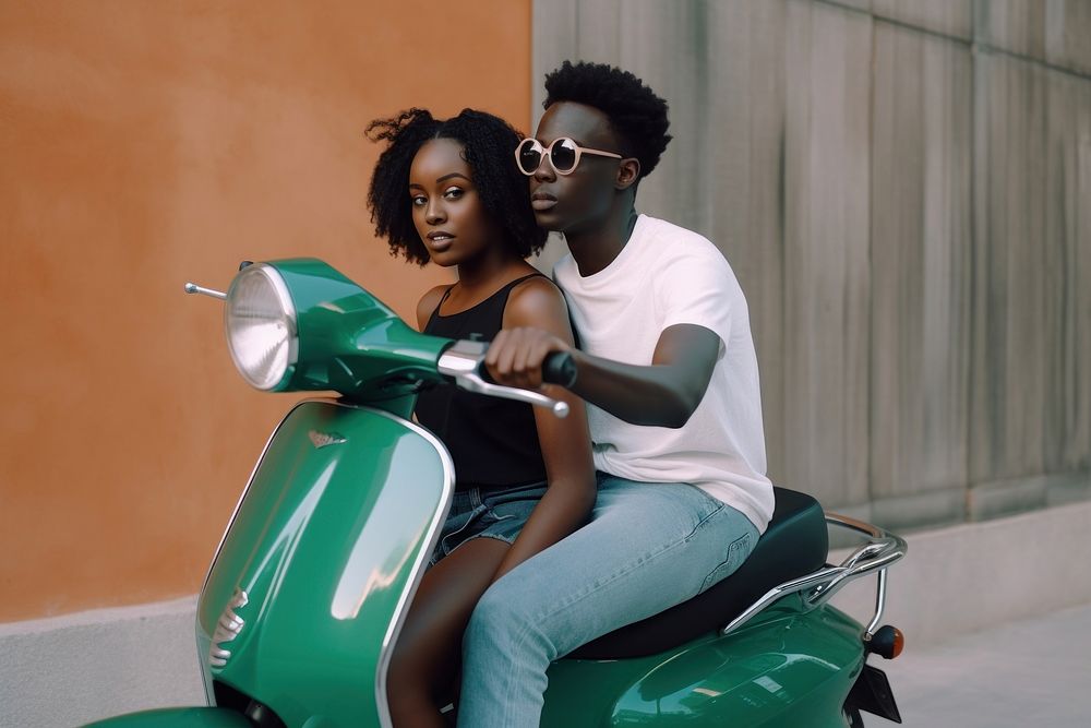 A hip black young couple on a scooter vehicle sitting travel. AI generated Image by rawpixel.