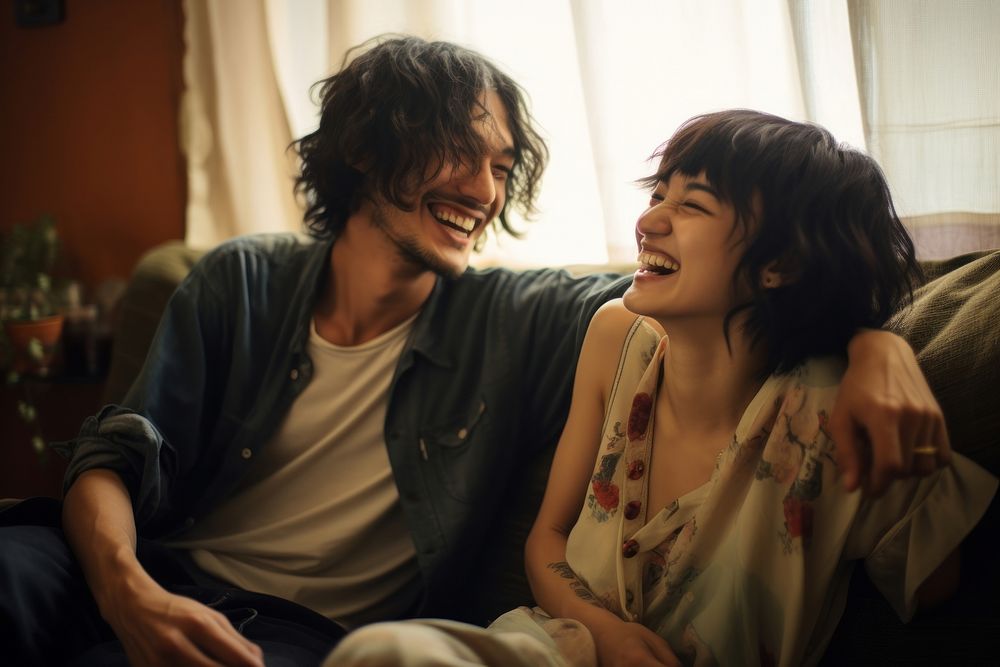 Japanese couple laughing adult love. AI generated Image by rawpixel.