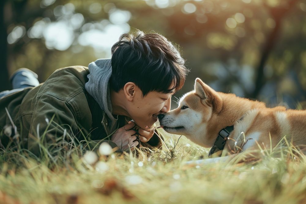 Korean man grass dog outdoors. AI generated Image by rawpixel.