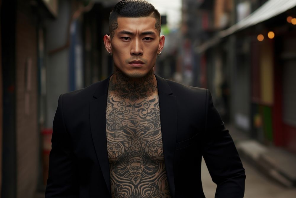 Korean mafia male tattoo portrait adult. 