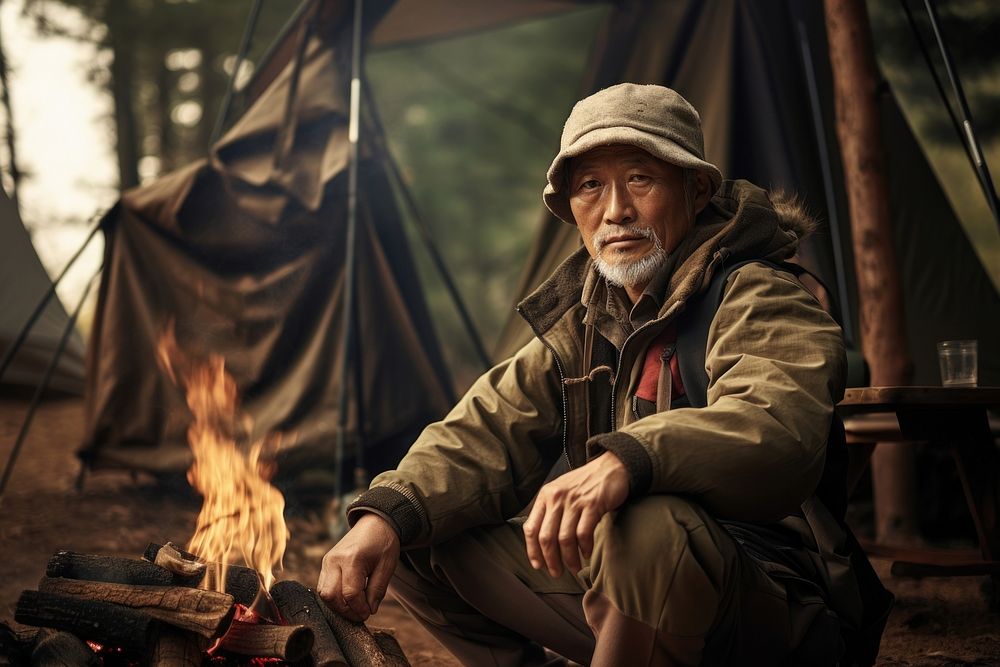 Korean old male camping portrait outdoors. AI generated Image by rawpixel.
