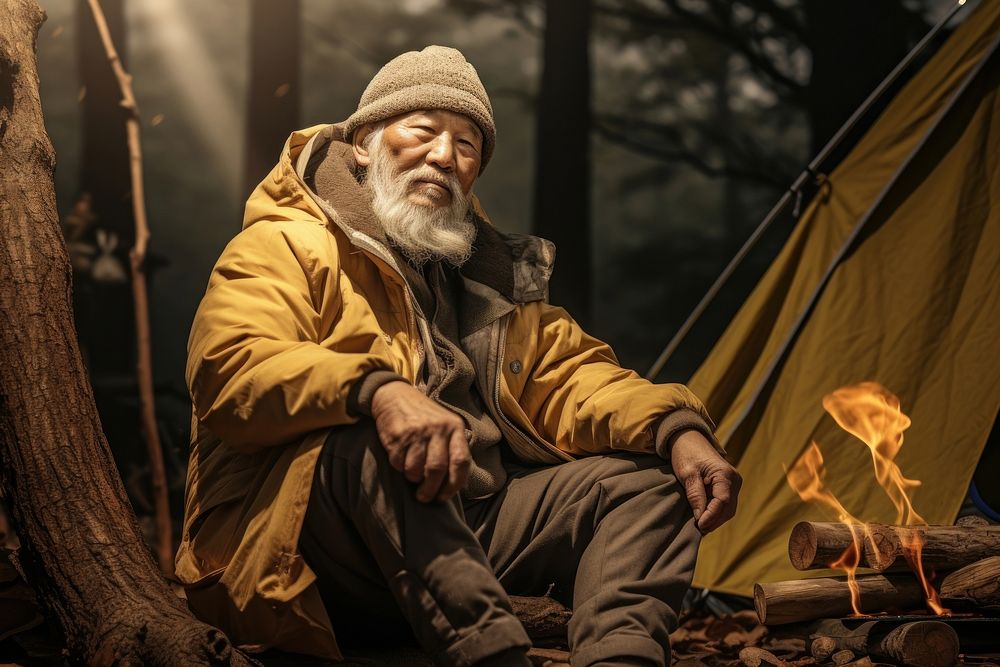 Korean old male camping outdoors sitting. AI generated Image by rawpixel.