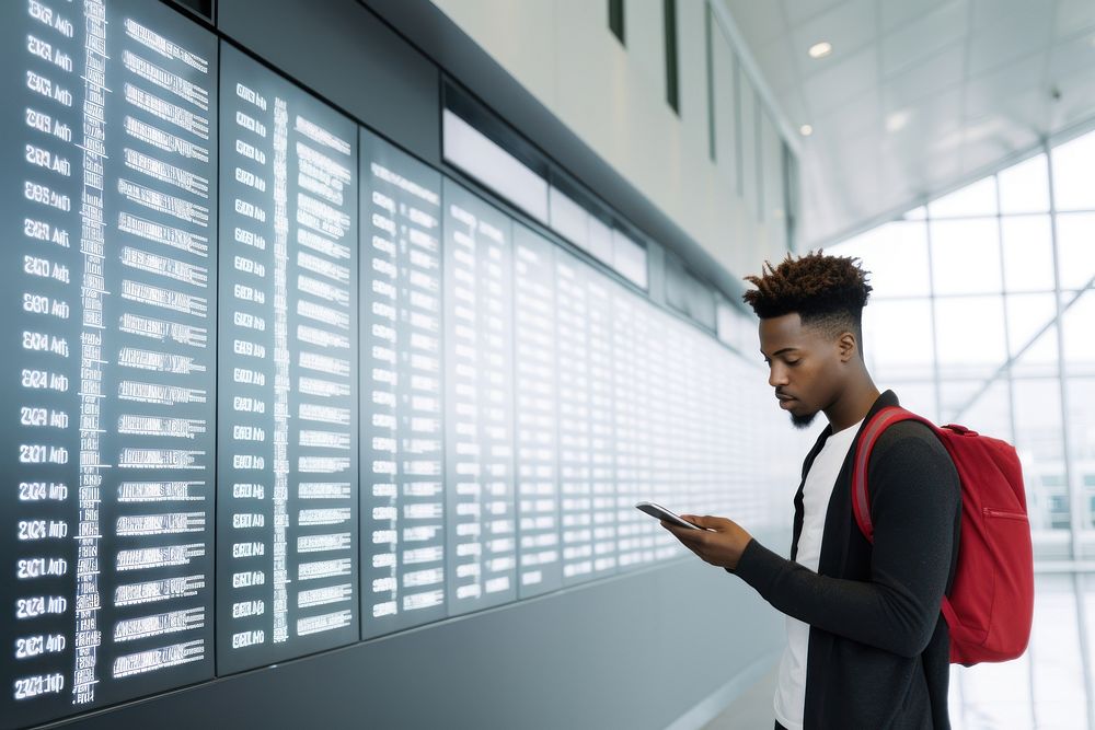 Black young man at the airport looking at the list of destinations holding a cell phone travel architecture technology. AI…