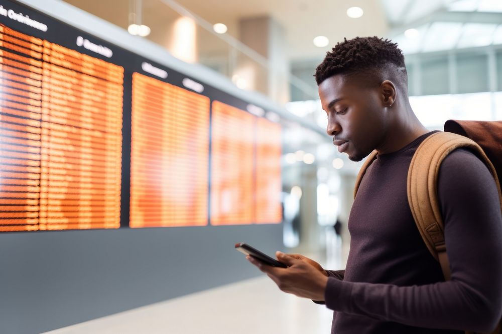 Black young man at the airport looking at the list of destinations holding a cell phone travel adult architecture. AI…