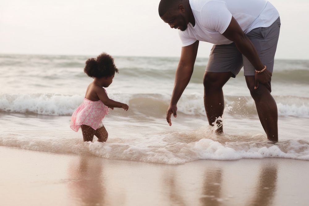 Black father and black daughter playing at beach outdoors nature travel. AI generated Image by rawpixel.