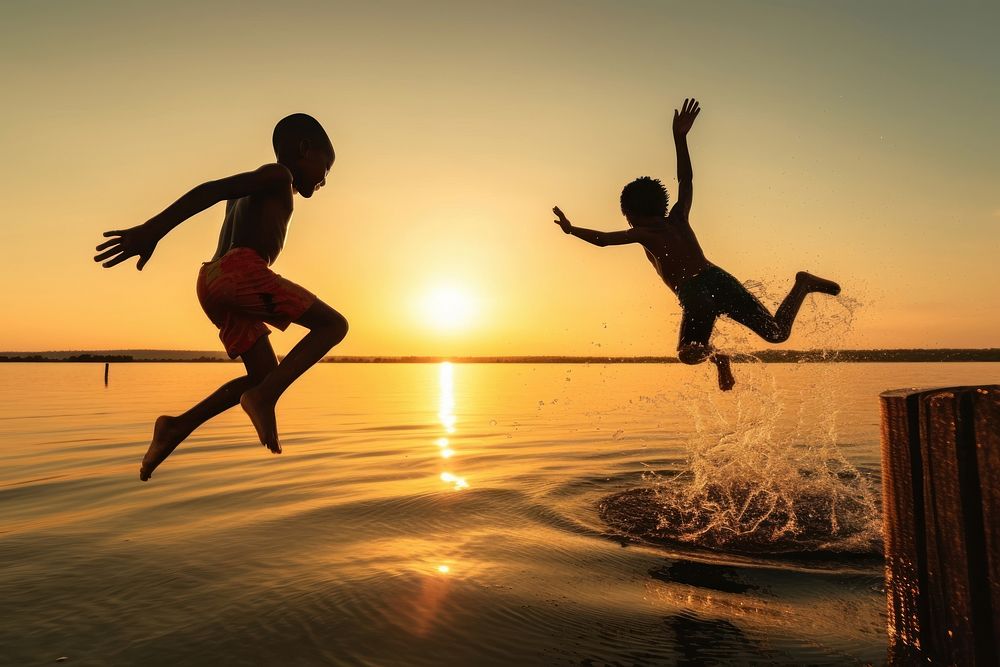 Jumping outdoors travel sunset. AI generated Image by rawpixel.