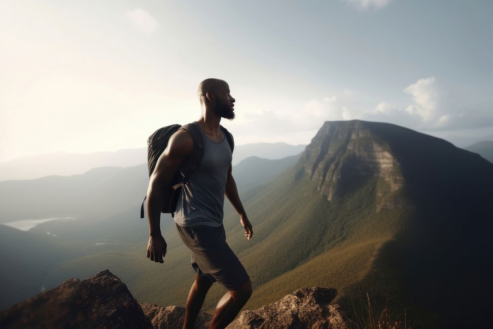 Black Man on early morning hike up mountainside recreation adventure outdoors. AI generated Image by rawpixel.