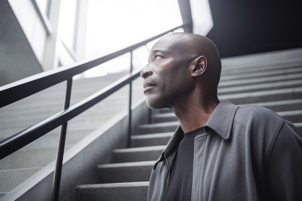 Black Mature man walks up stairs architecture staircase portrait. AI generated Image by rawpixel.