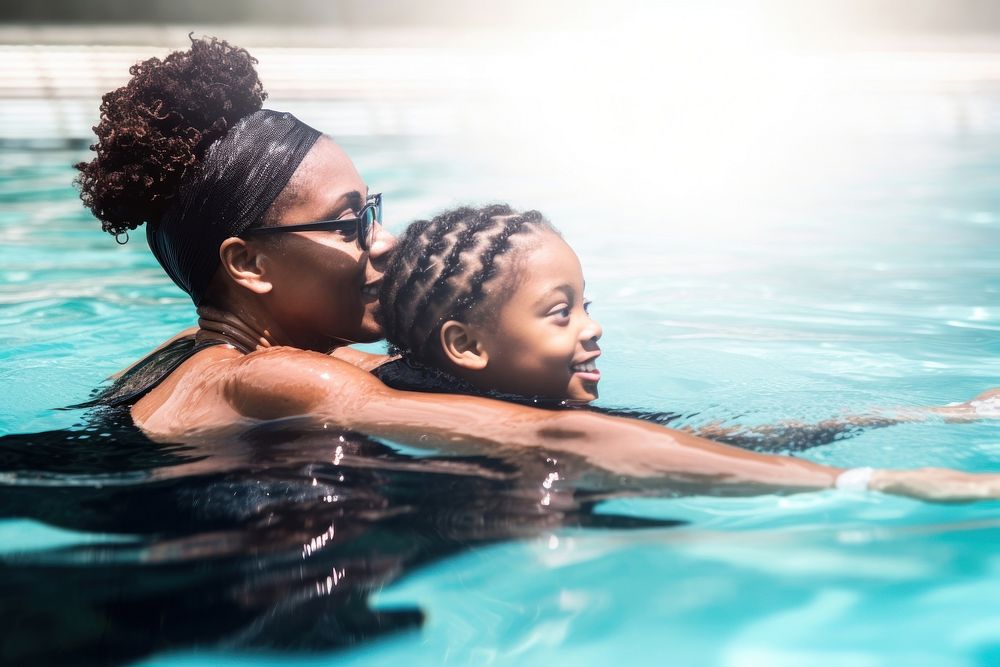 Black mother and daughter swimming together bathing travel sports. AI generated Image by rawpixel.