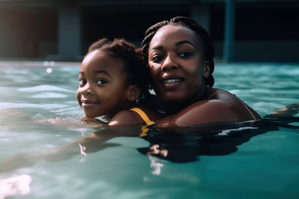 Black mother and daughter swimming together portrait bathing travel. AI generated Image by rawpixel.