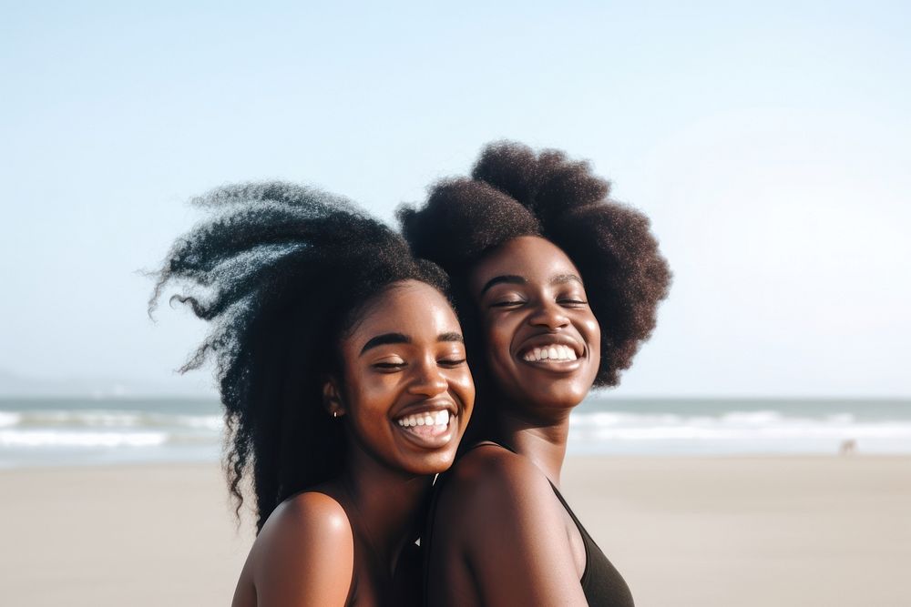 Black people smiling friends at beach laughing portrait travel. AI generated Image by rawpixel.