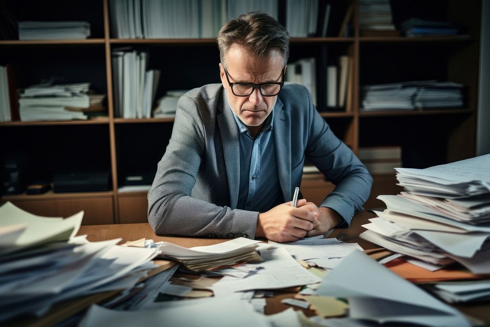 Busy businessman filing paperwork on cluttered desk adult concentration businesswear. AI generated Image by rawpixel.
