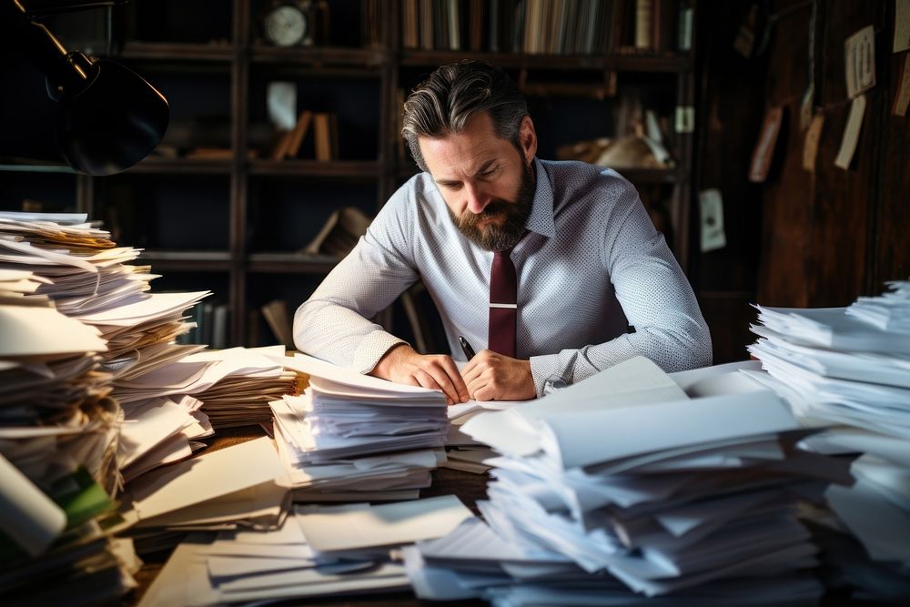 Busy businessman filing paperwork on cluttered desk adult concentration businesswear. AI generated Image by rawpixel.