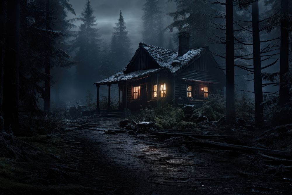 Cabin in snowy forest spooky tranquility architecture building house. AI generated Image by rawpixel.