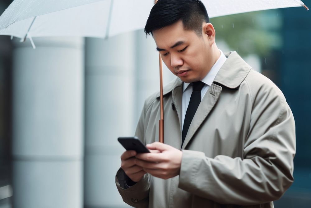 Chinese businessman in Shanghai with smart phone texting outdoors adult coat architecture. AI generated Image by rawpixel.