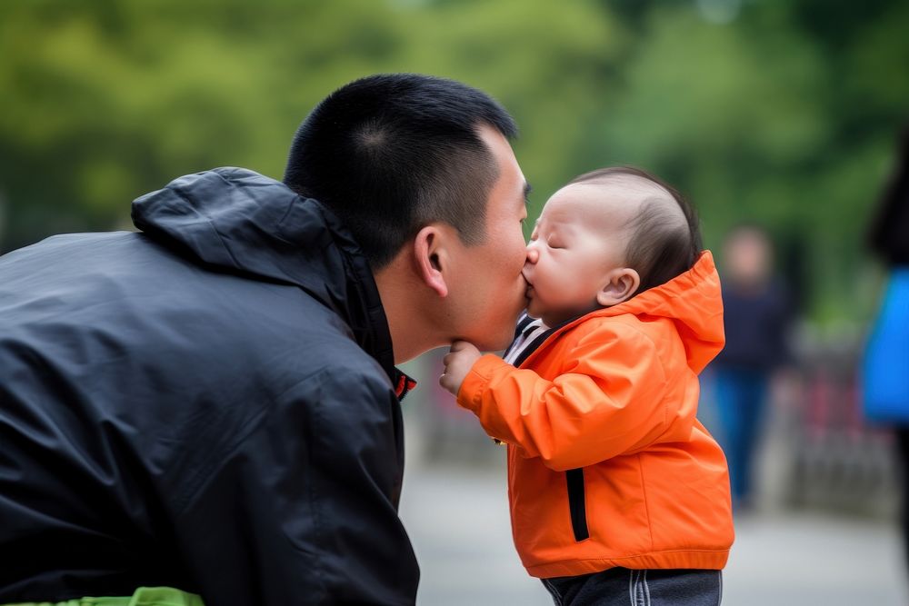 Chinese father holding his cute baby portrait kissing adult. AI generated Image by rawpixel.