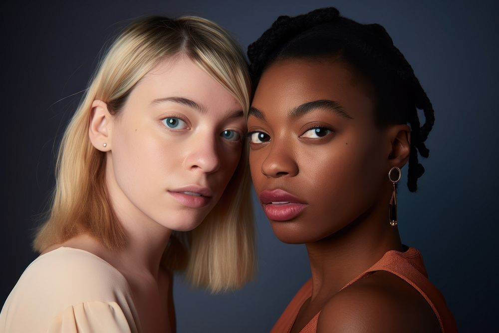 Colourful studio portrait of two women adult photo togetherness. AI generated Image by rawpixel.